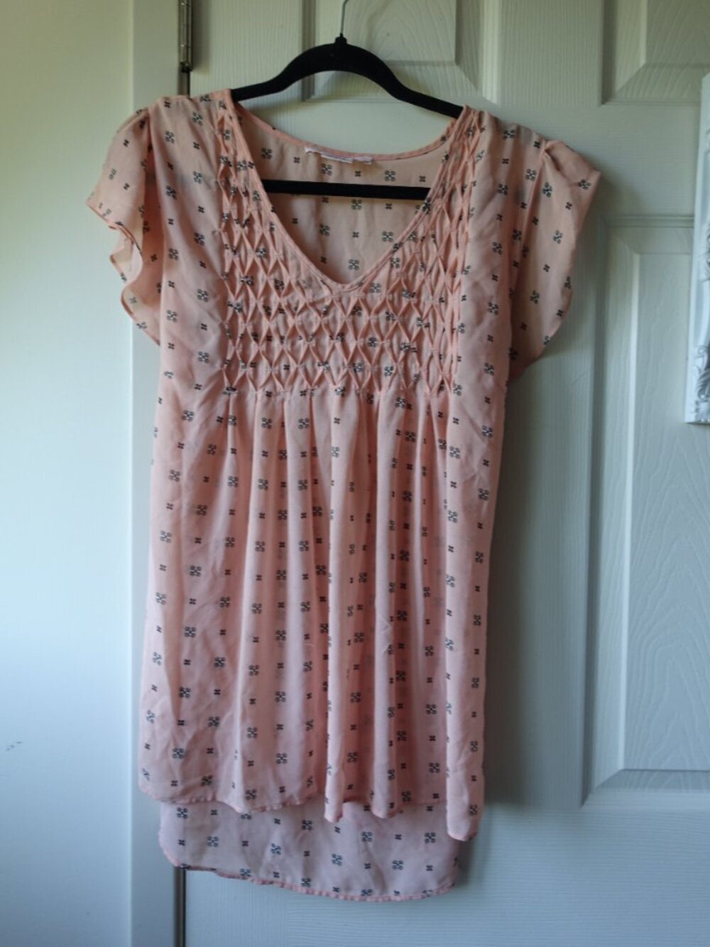 Smocked V-Neck Flutter Sleeve Blouse in Soft Pink Peach